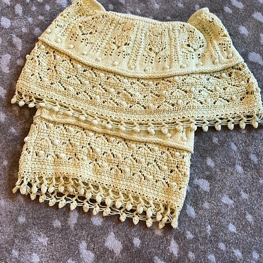 Summer ready. Pretty. Chartreuse. On trend crocheted short sweater. - Picture 3 of 3